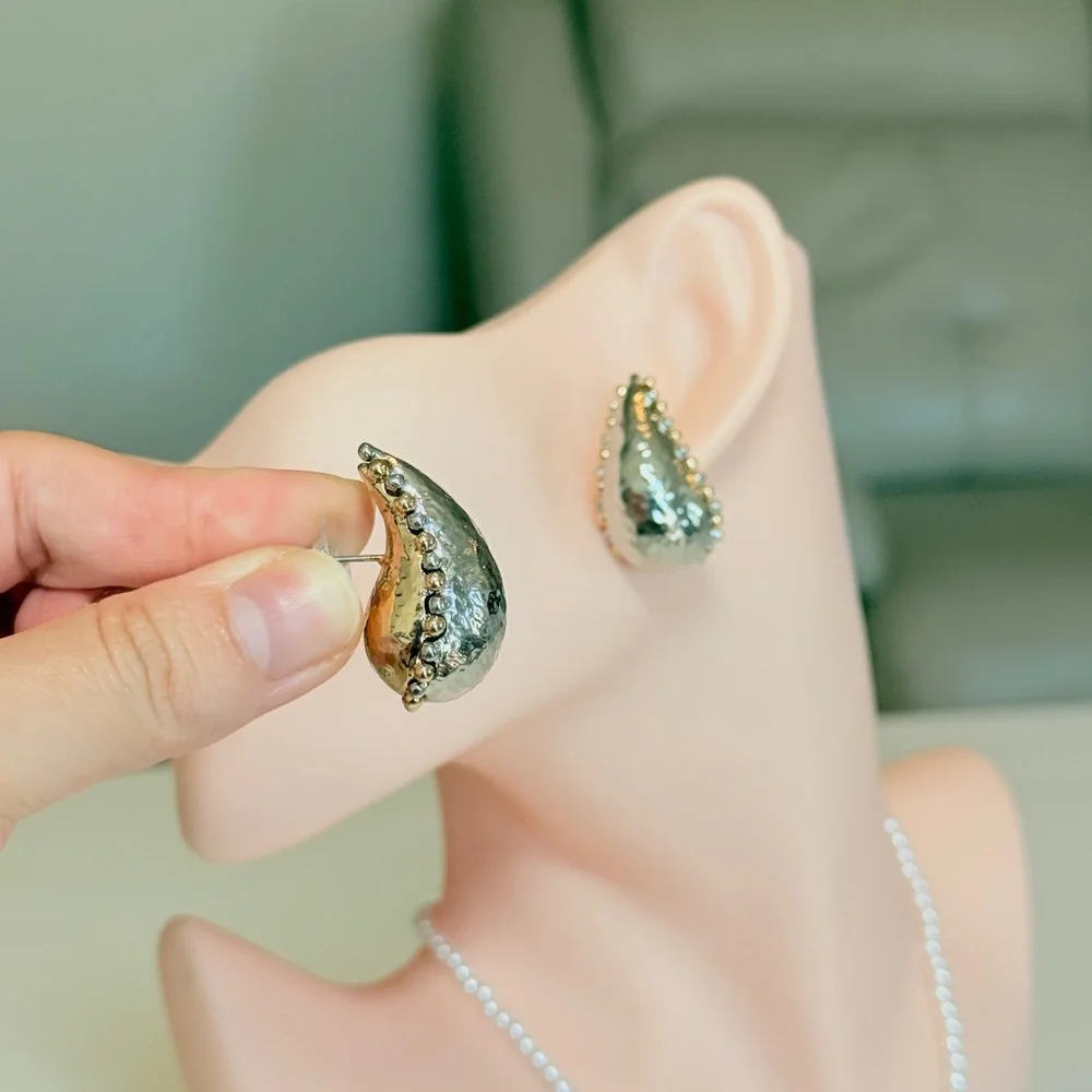 Silver Teardrop Beaded Edge Earrings - Women Jewelry